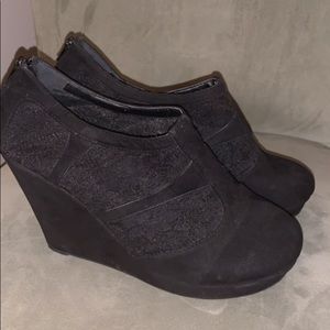 Women’s Black Lace and Suede Wedge Booties